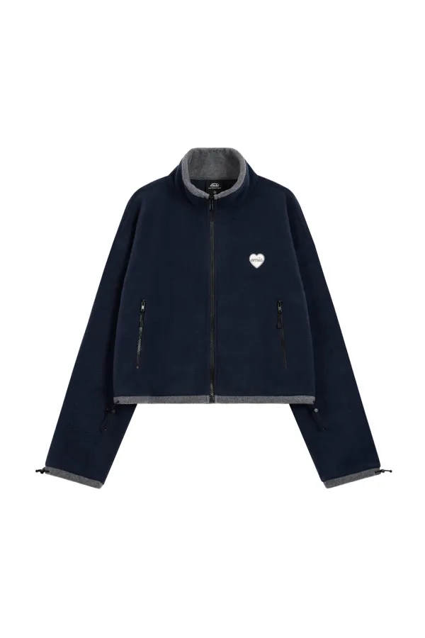 (W) CROPPED HEART WAPPEN ZIP UP FLEECE-NAVY