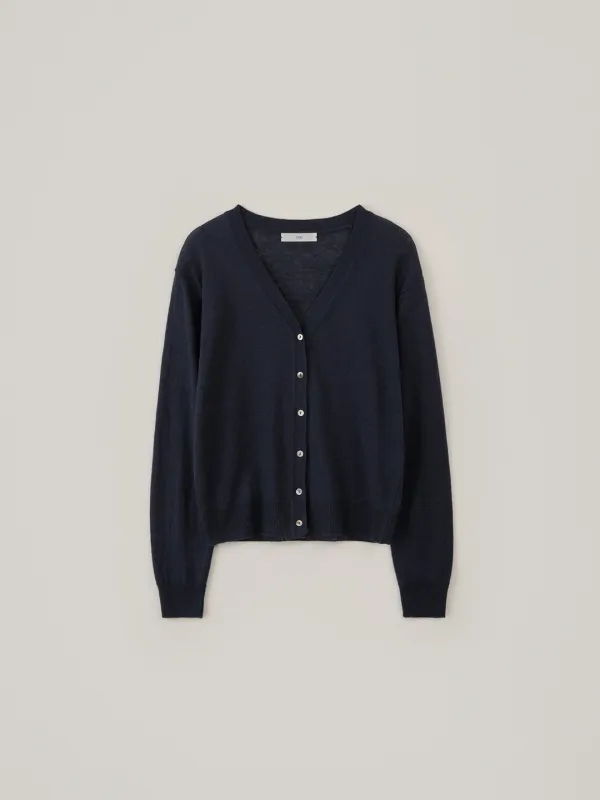 Linen V-Neck Cardigan - Navy