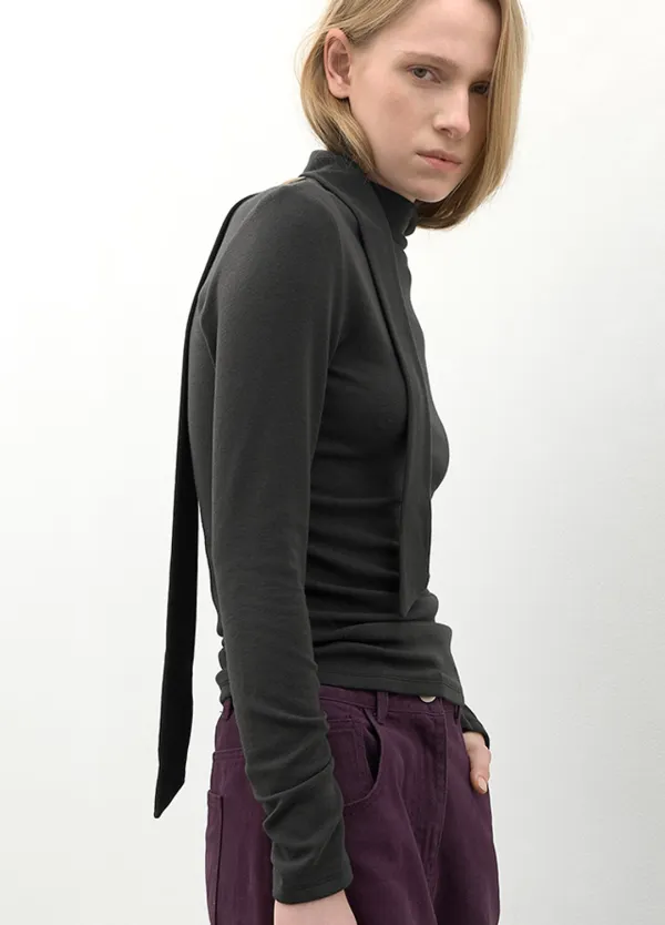 (T-7334)HIGH NECKED SHIRRING JERSEY TOP