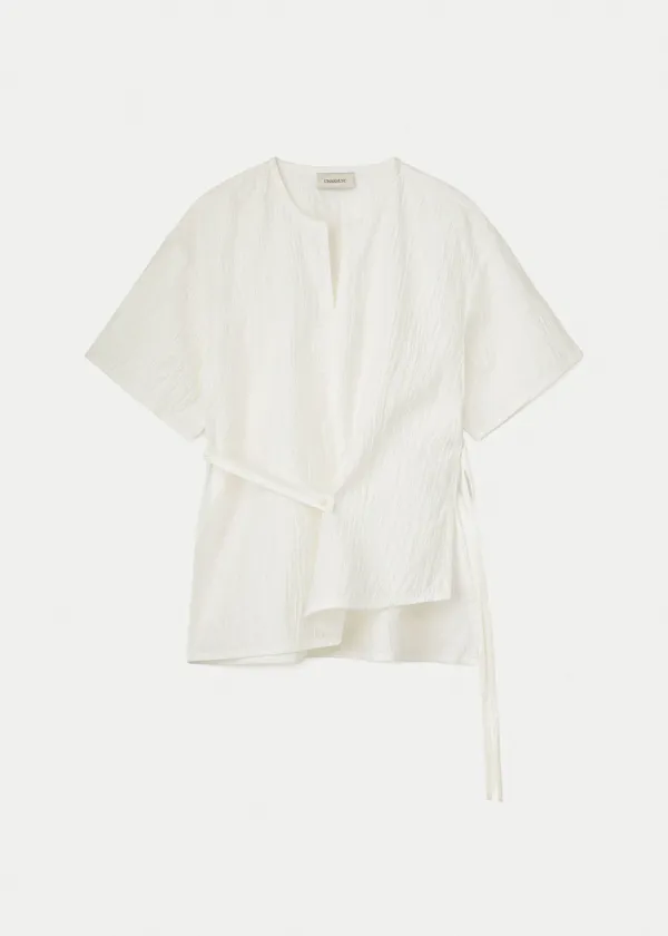 Japanese Crinkled Linen Slit Neck Blouse_Pearl