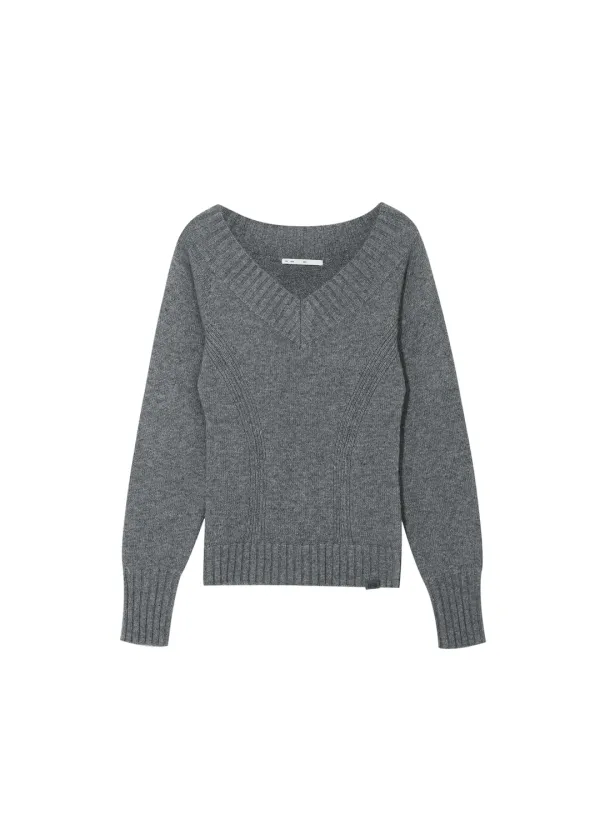 V NECK PRINCESSLINE KNIT, GRAY