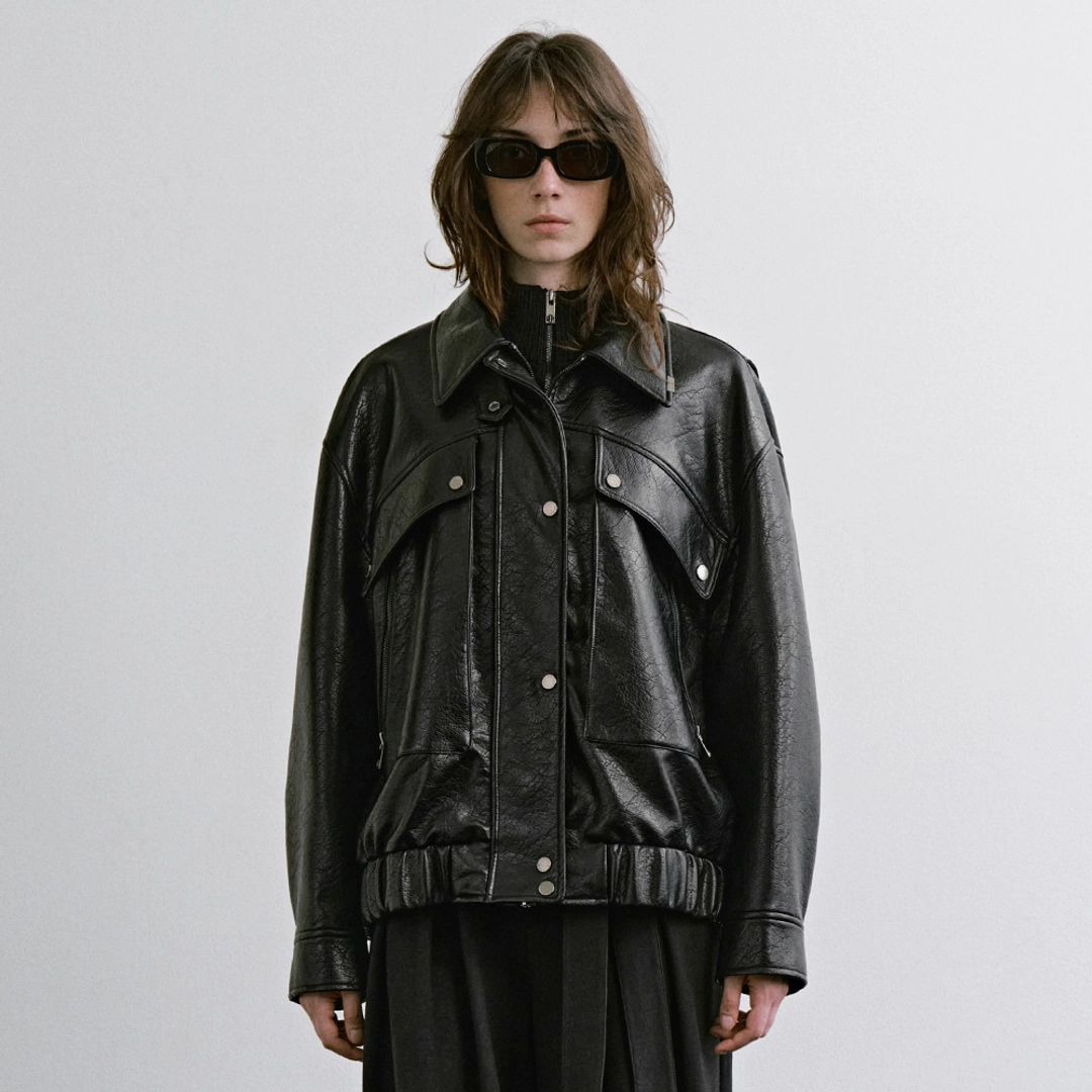 트리밍버드 Diagonal Leather Blouson Jumper [ Black ] 상품 이미지 1