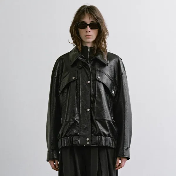 Diagonal Leather Blouson Jumper [ Black ]