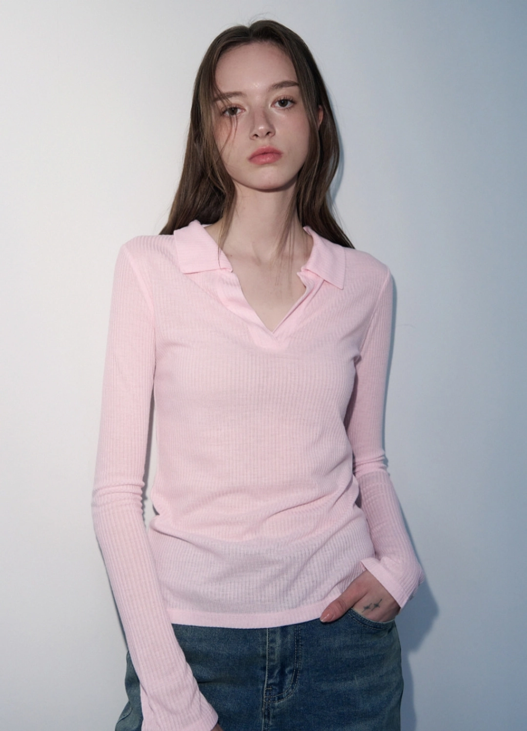 레더리 소프트 리브드 카라 탑 [PINK] 상품 이미지 2