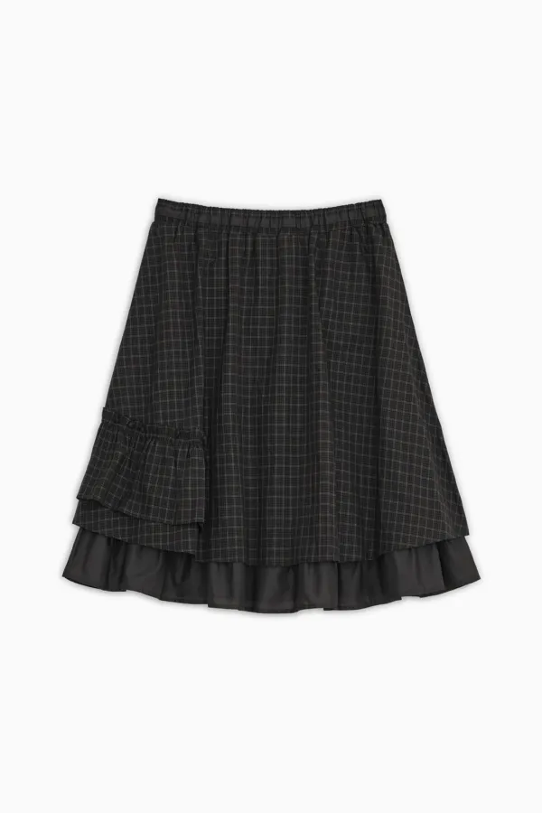 CHECK FRILL MIDI SKIRT, BROWN