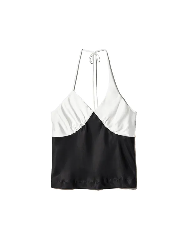 Satin Shirring Halter Top Black Ivory