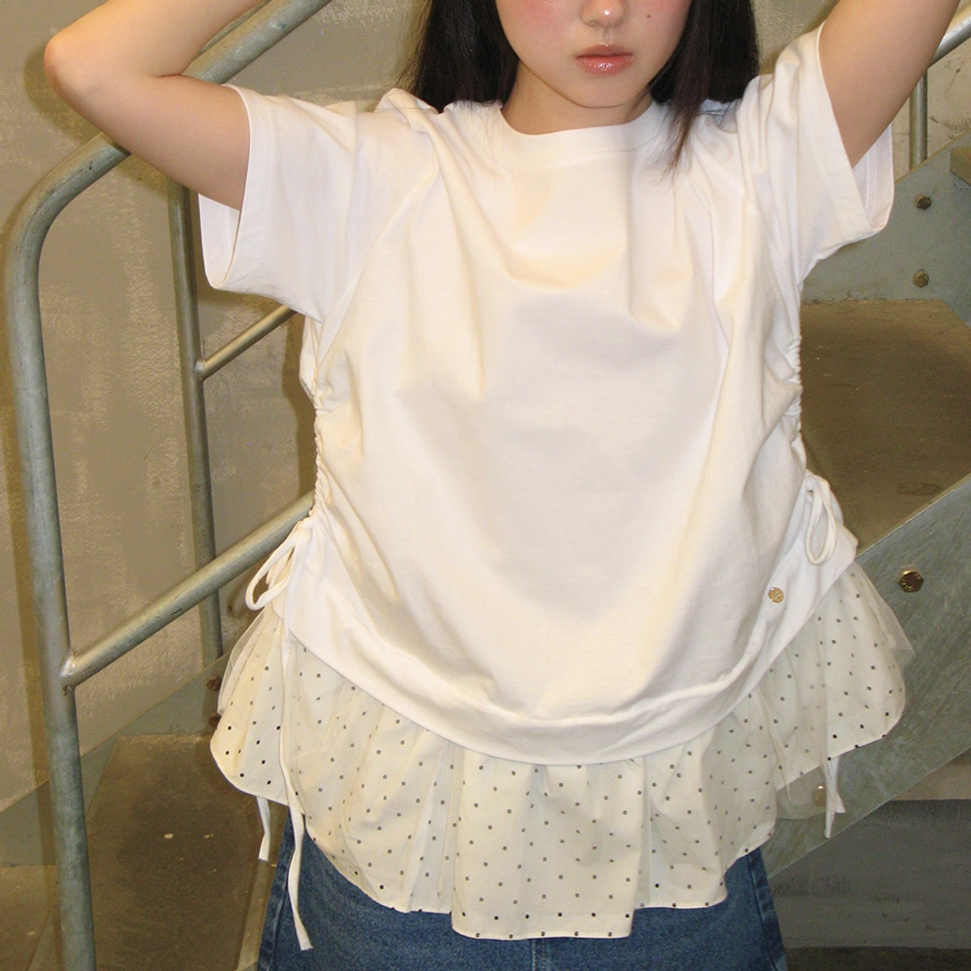 론론 DOT MESH SHIRRING LAYERED LONG T SHIRT WHITE 상품 이미지 1