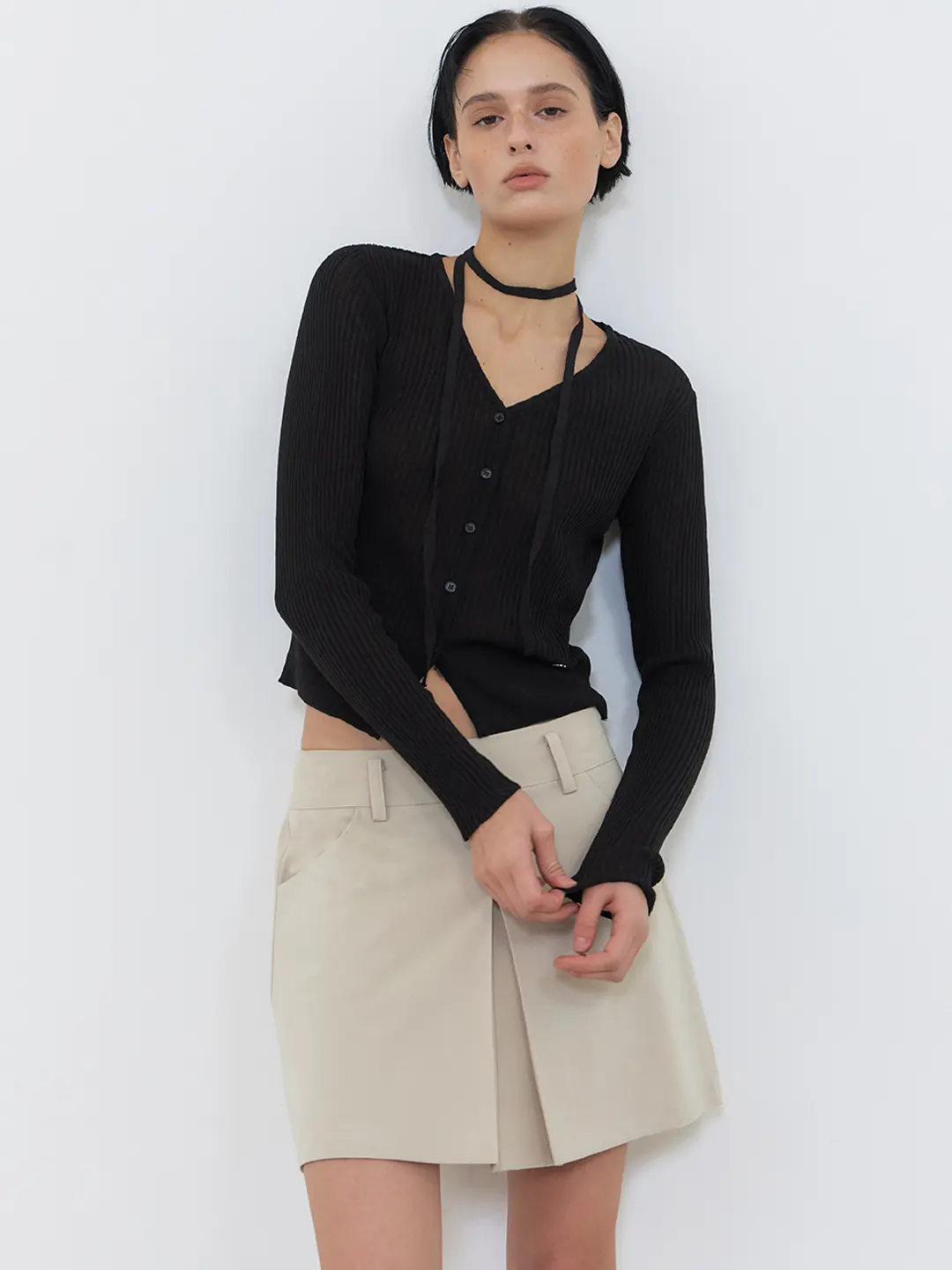 에트몽 Linen Scarf Knit Cardigan, Black 상품 이미지 1