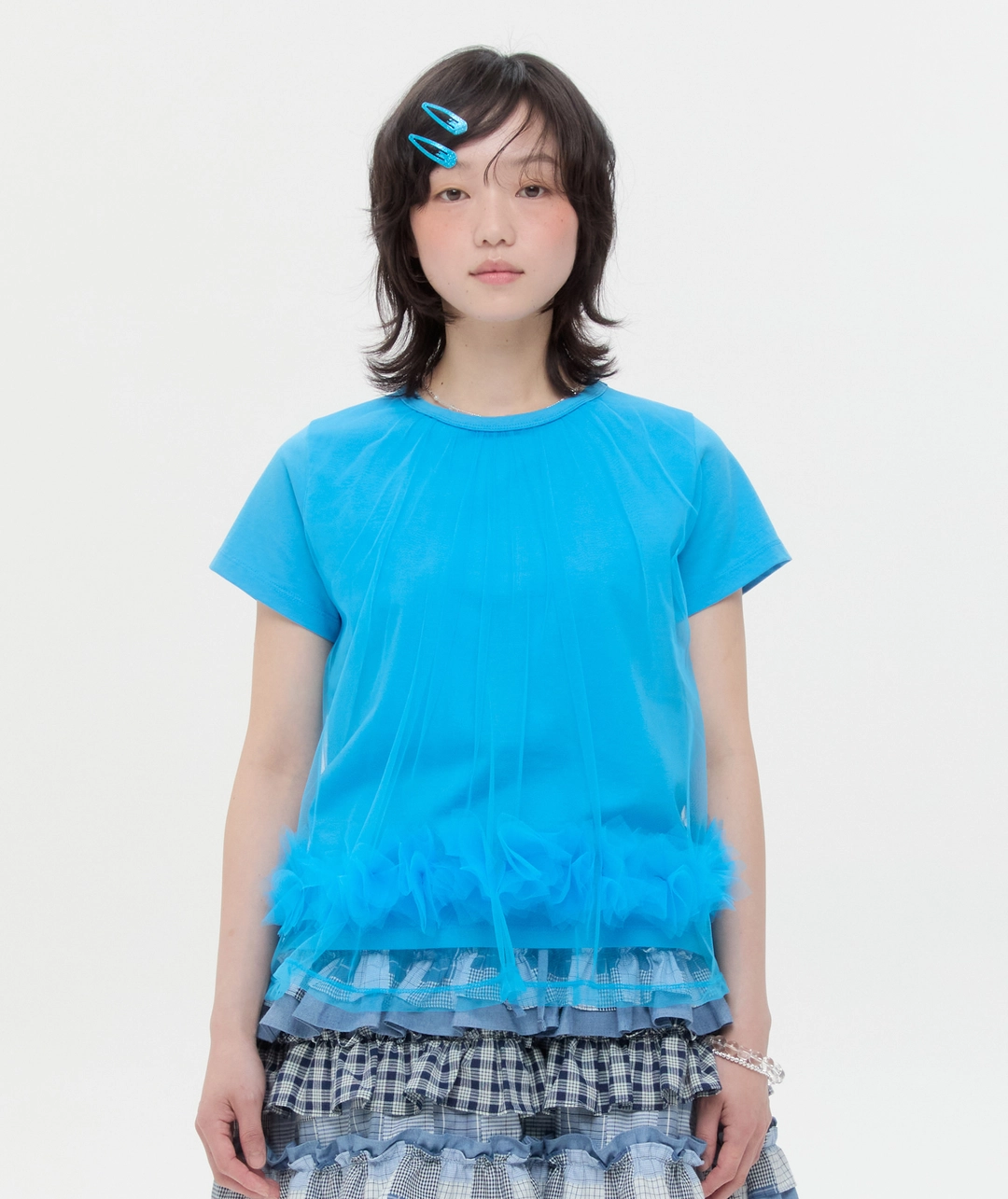 타입서비스 Mesh Layered Shirring Ruffle Top [Blue] 상품 이미지 1