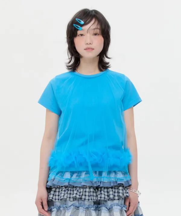 Mesh Layered Shirring Ruffle Top [Blue]