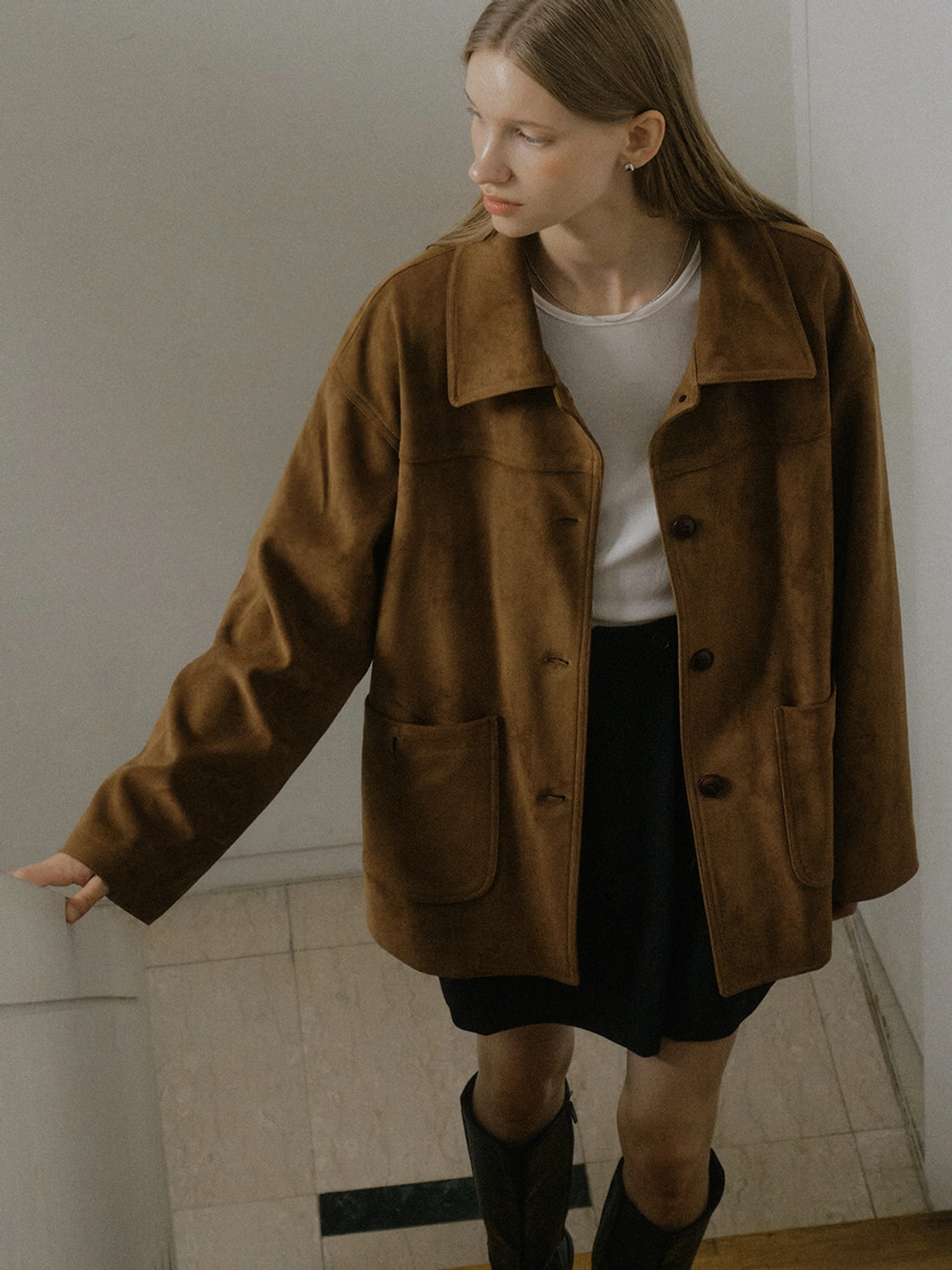 아워코모스 comos 1548 overfit suede half jacket (brown) 상품 이미지 2