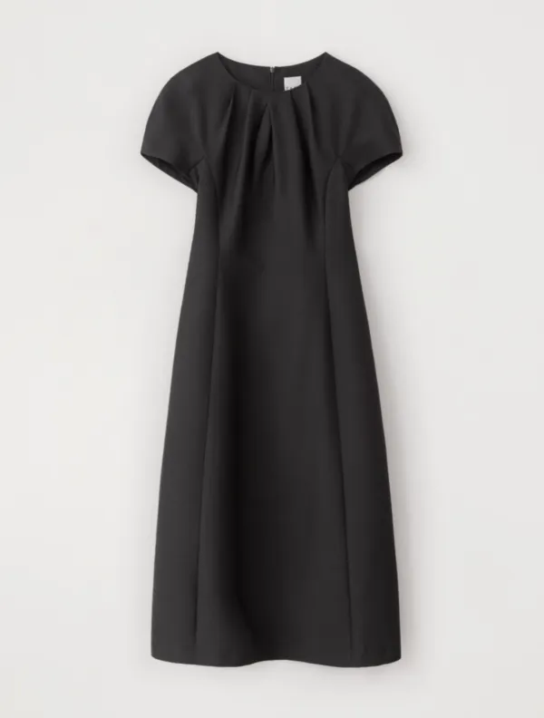 Wool Silk Tuck Volume Dress (Black)