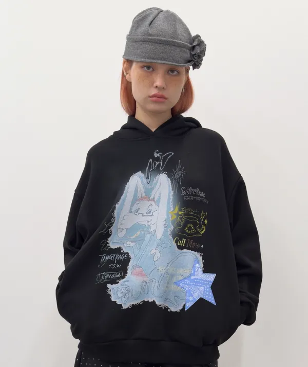 Star Patched Rabbit Hoodie [Black]