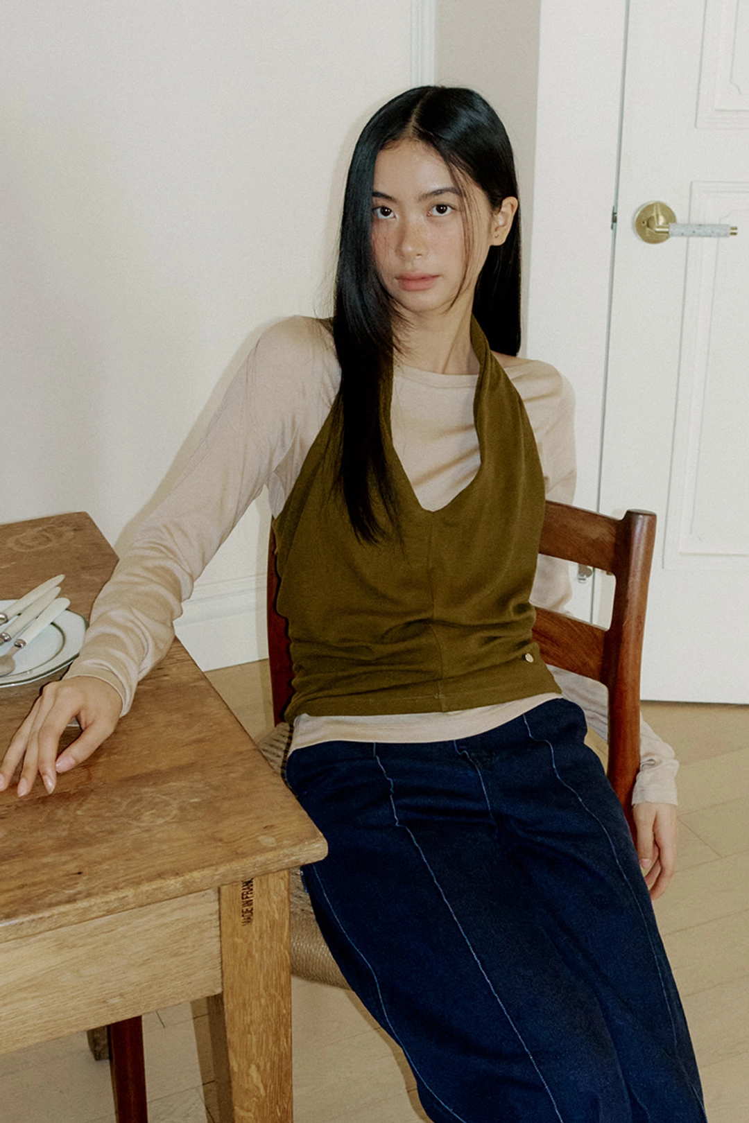 루시르주 Cowl Tank & Boatneck Top Set (olive) 상품 이미지 1