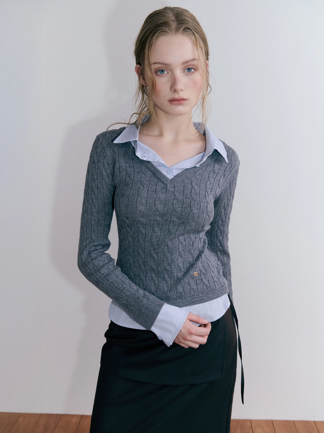 에트몽 Layered Shirt Cable Knit, Grey 상품 이미지 1