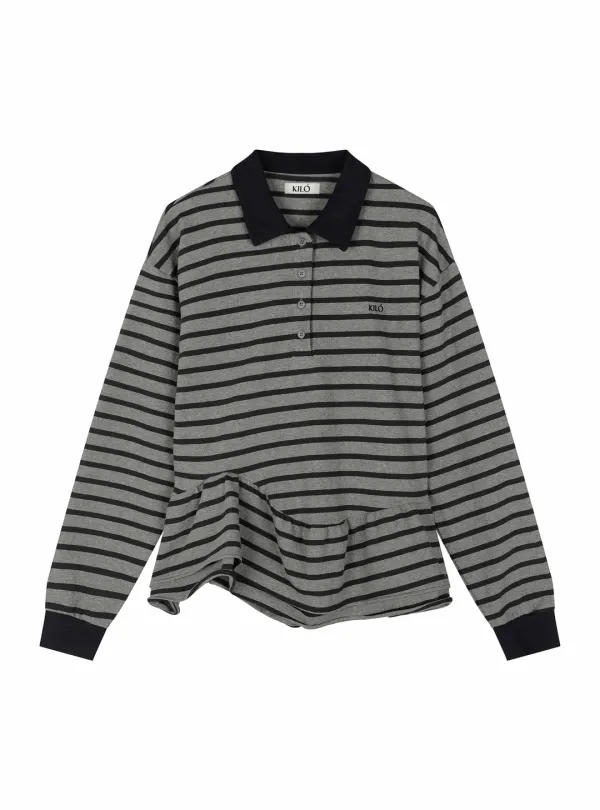 RUFFLE COTTON PK-SHIRT (STRIPE GRAY)