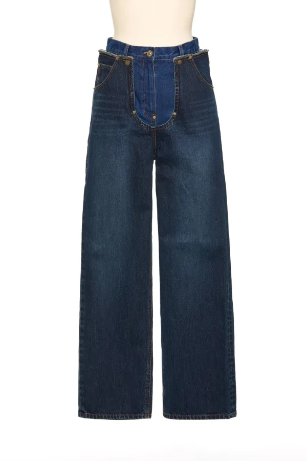 FW25 DARK BLUE BLOOMING LAYERED WASHED JEANS