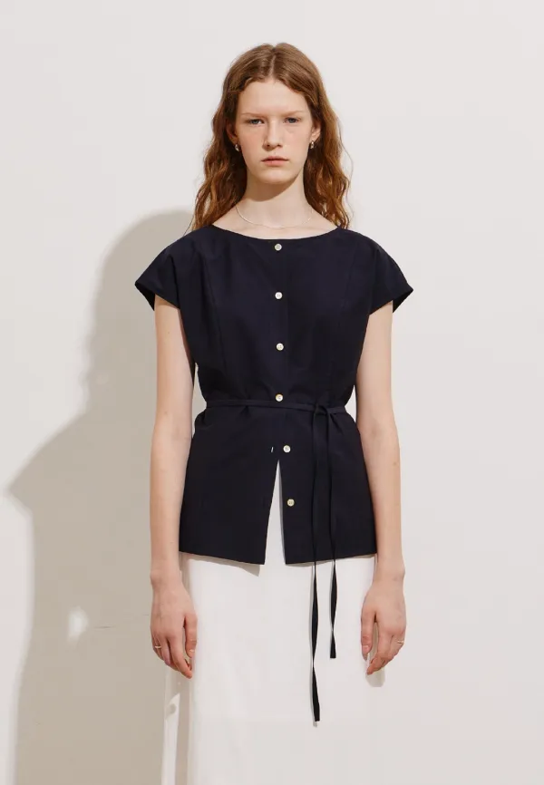 BOAT NECK CAP-SLEEVE BLOUSE - NAVY