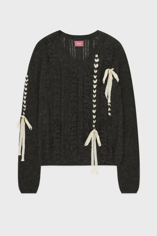 Crochet Ribbon Tie V-Neck Pullover (Charcoal Grey)