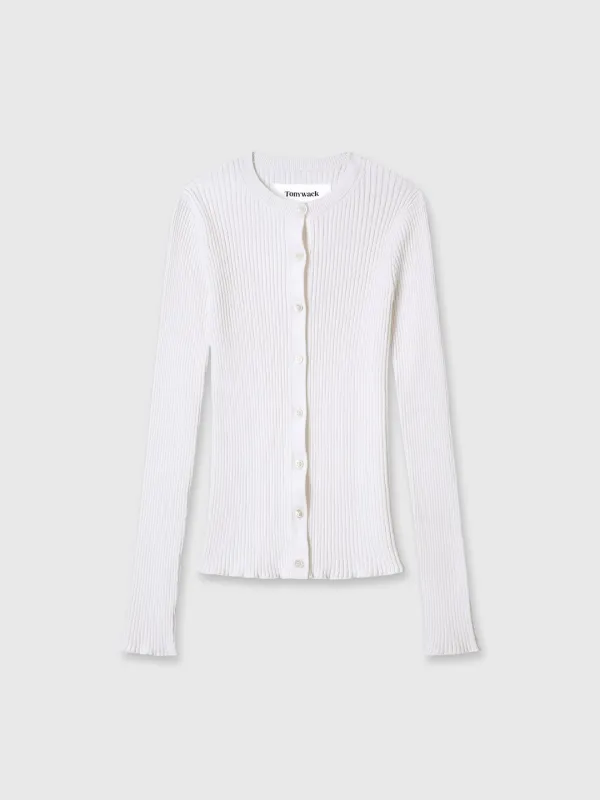 (W) SILK COTTON RIBBED BUTTON CARDIGAN_ OFF WHITE
