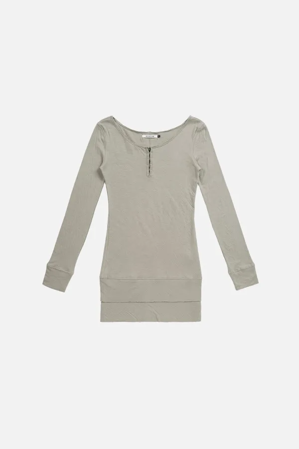 HENLEY NECK TIERED JERSEY DRESS - LIGHT GREY