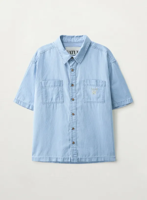 Light Weight Denim Pocket Half Shirt - Light Blue