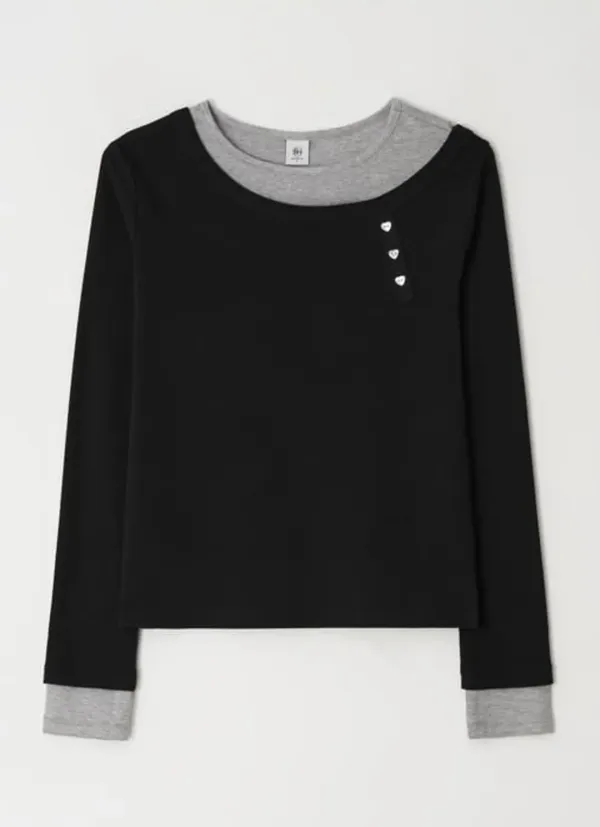 UNBALANCE HEART BUTTON LAYERED T SHIRT BLACK