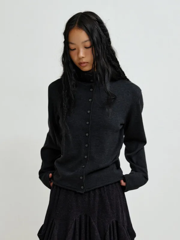 [PLZPROJECT] MOCK NECK BUTTON CARDIGAN, CHARCOAL