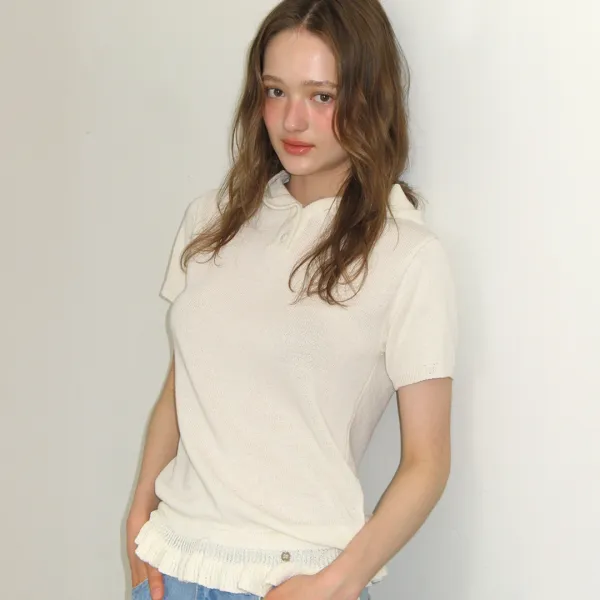 BUTTON HOODED FRILL HALF SLEEVE KNIT IVORY