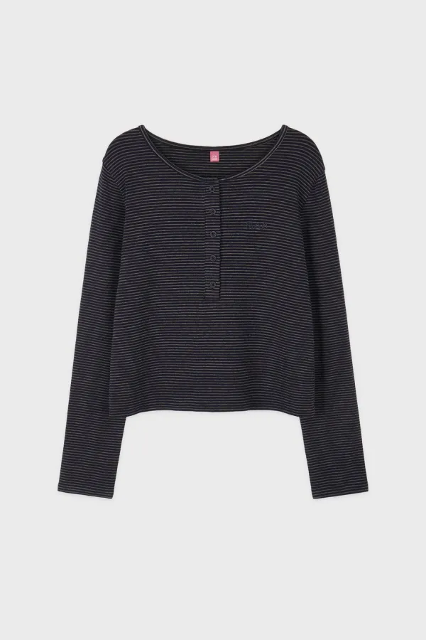 SN Henley Neck Stripe Long Sleeve T-shirt (Navy)