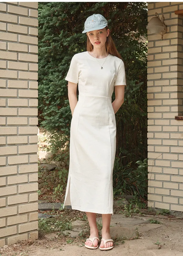 [44-120]  Easy Cotton Slit Long Dress  이지 코튼 슬릿 롱 드레스 (여름-꾸안꾸-마실룩-데일리룩-이지웨어-출근룩-베이직-다이마루-라운드넥-슬림핏-H라인-슬릿-빅사이즈-자체제작)