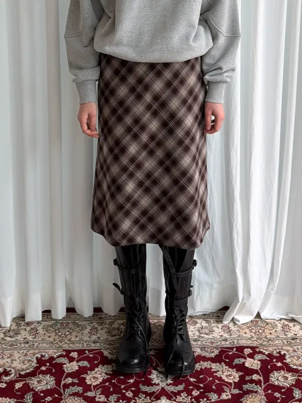 LACE POINTED CHECK SKIRT - BROWN