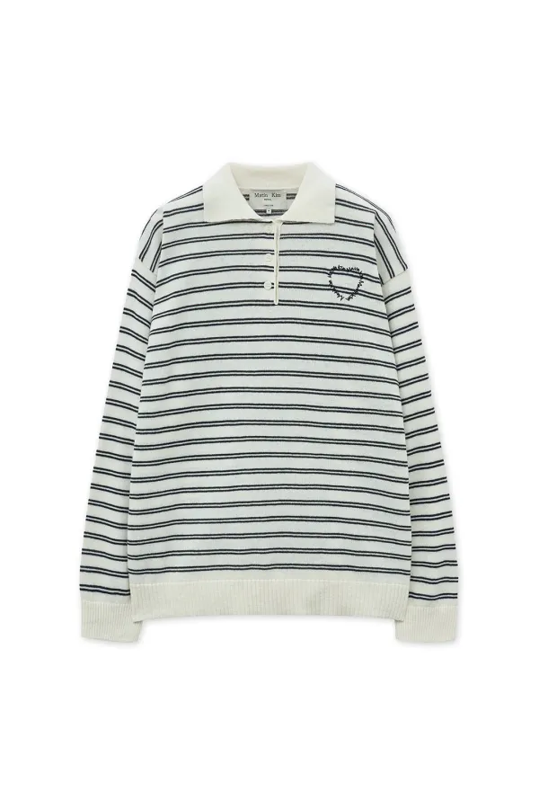 HEART LOGO COLLAR STRIPED PULLOVER IN IVORY