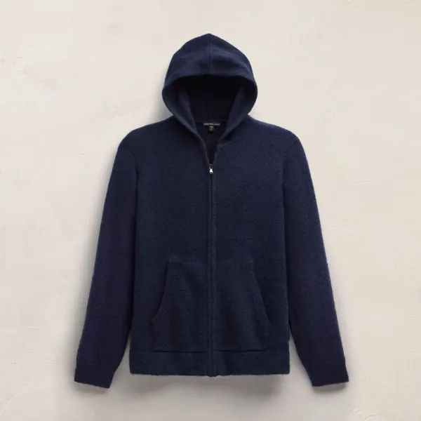 Lightweight Textured Cashmere Knit Zip Up Hoodie - Deep Navy