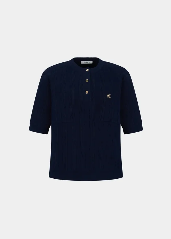 W HENLEY CASHMERE BLEND KNIT TOP - NAVY