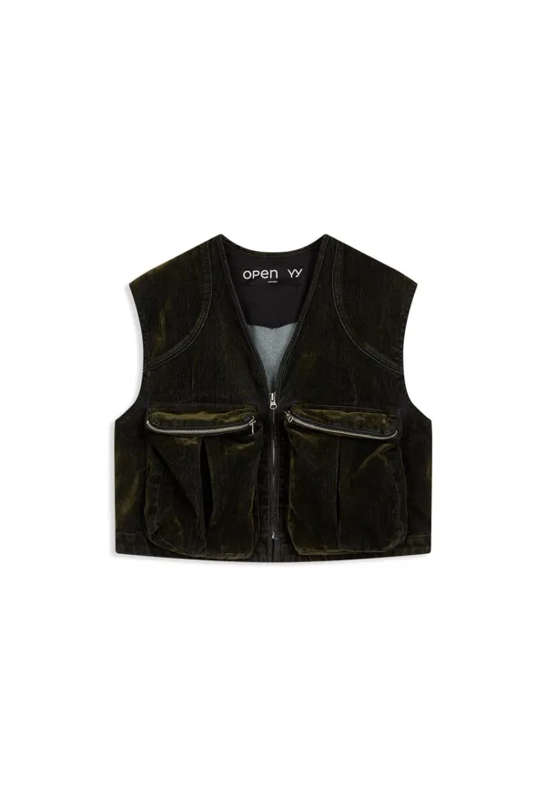 VELVET DENIM CARGO VEST, DARK OLIVE