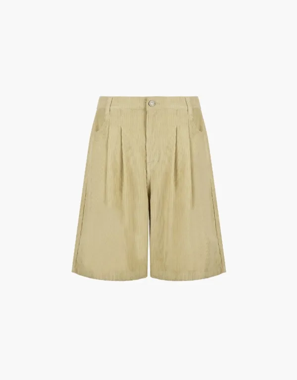corduroy tuck wide half pants - beige