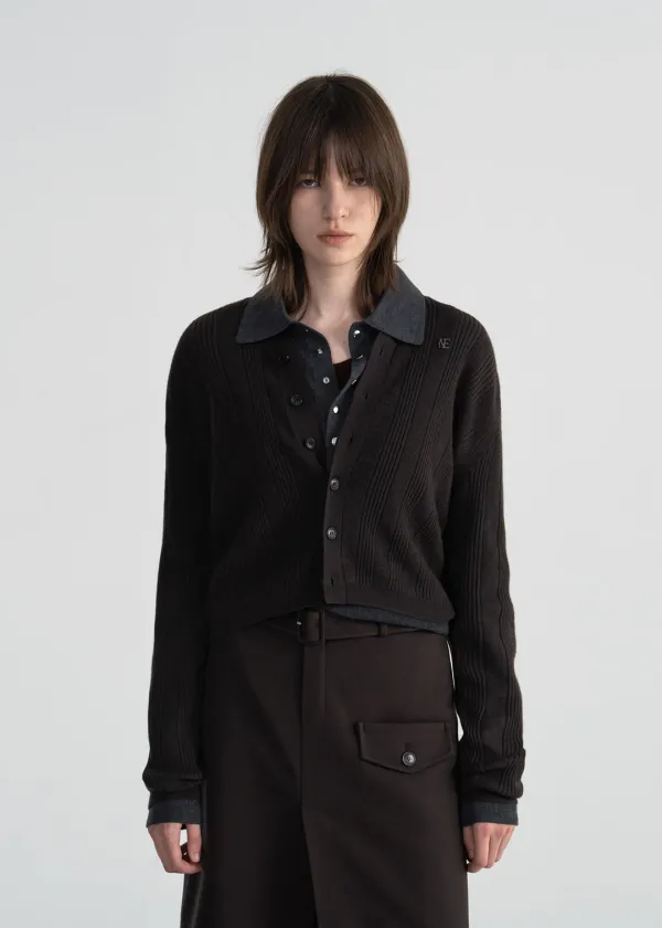 (UNI) MERINO WOOL RIBBED CARDIGAN - BROWN