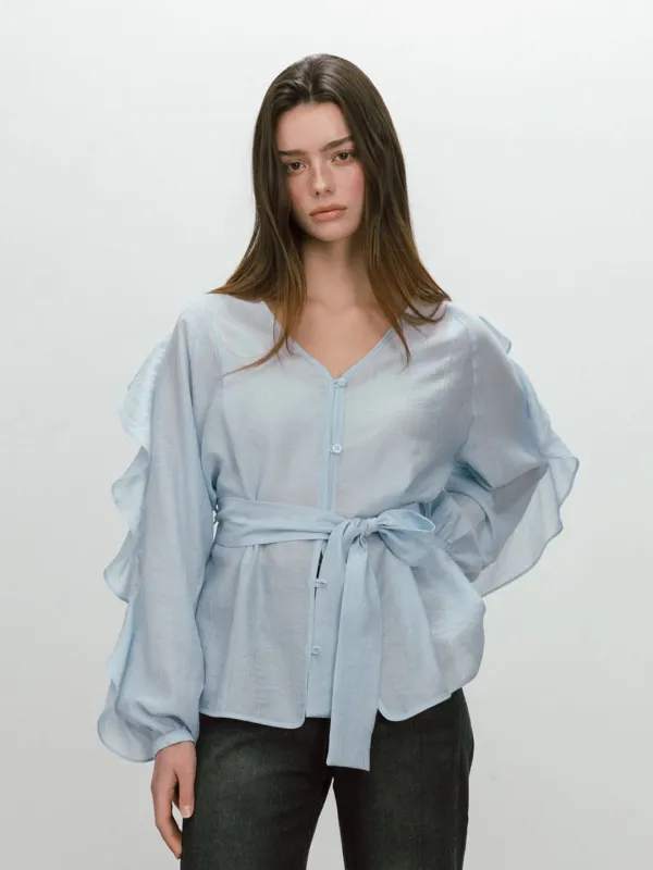 FRILL BELTED BLOUSE / SKYBLUE
