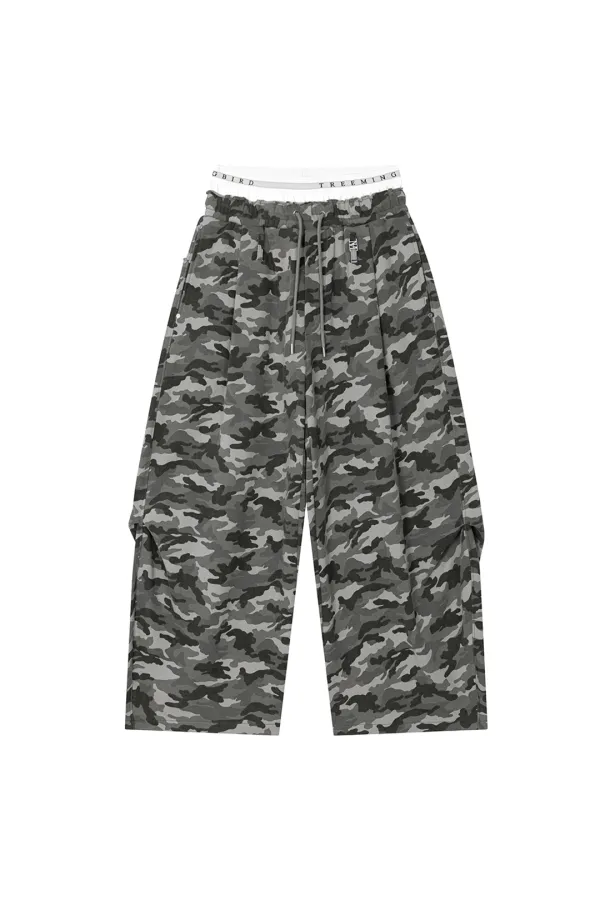 Camo Double Waist Sagging Sweat Pants [ Light Gray ]