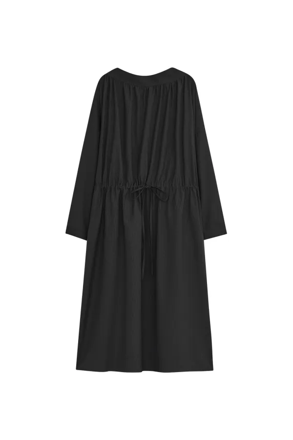 STRAIGHT SHIRRING SHIRTS DRESS [BLACK STRIPE]