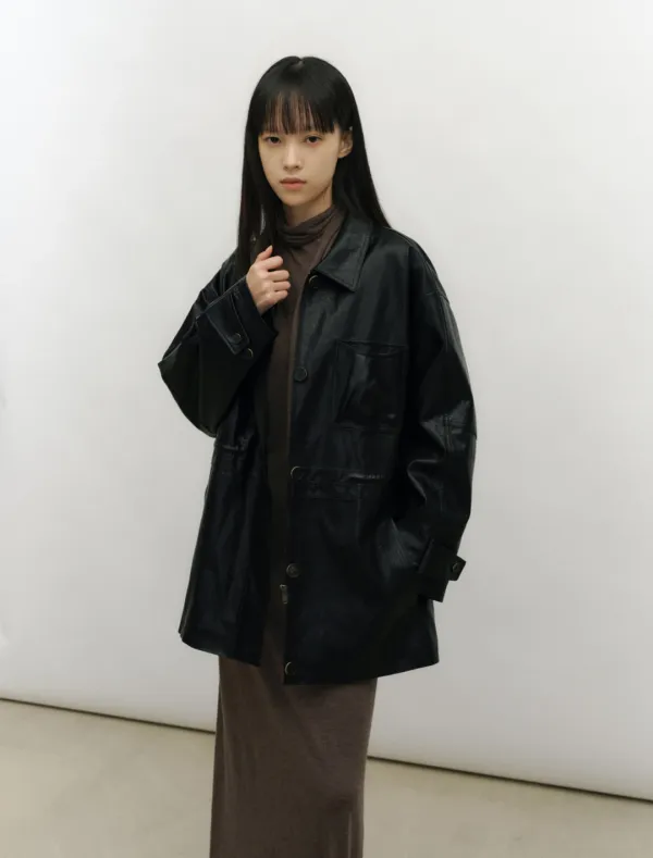 DRAWSTRING LEATHER HALF JACKET [BLACK]