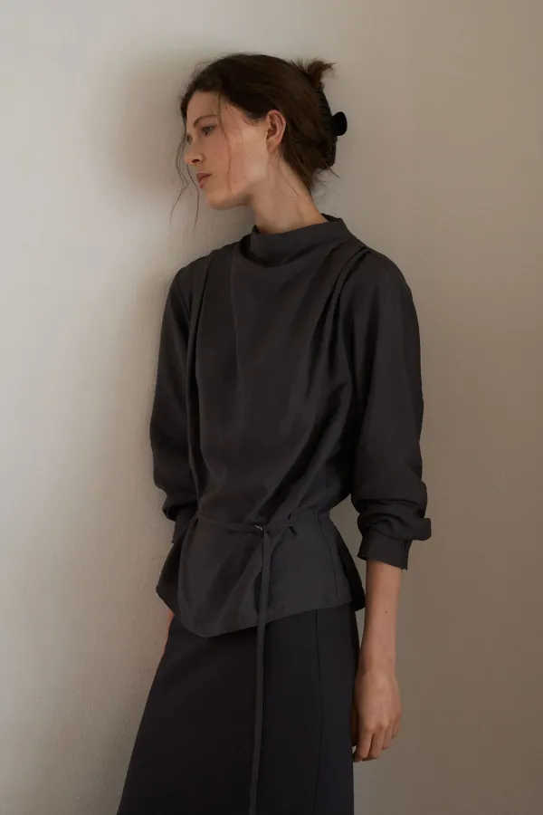 Silk Blend High Neck Drape Blouse [LMBFAUSH333]-Smoke Charcoal