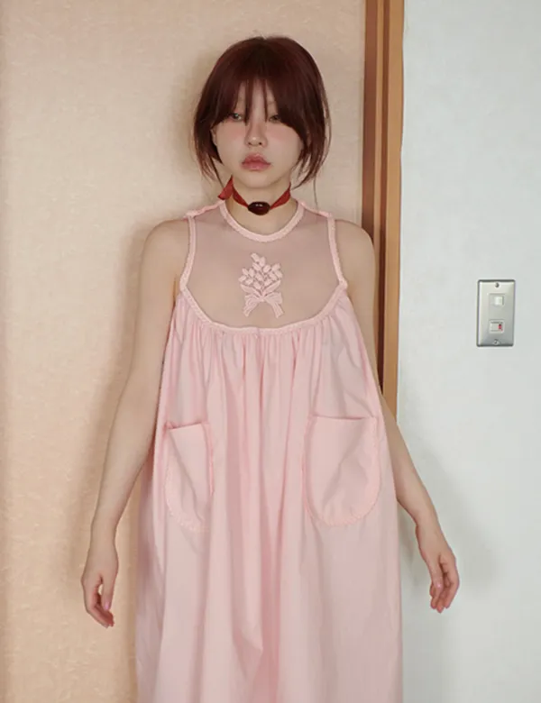 needlepoint midi dress in pink
