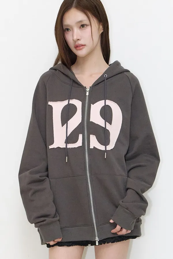 129 로고 패치 후드 집업 차콜