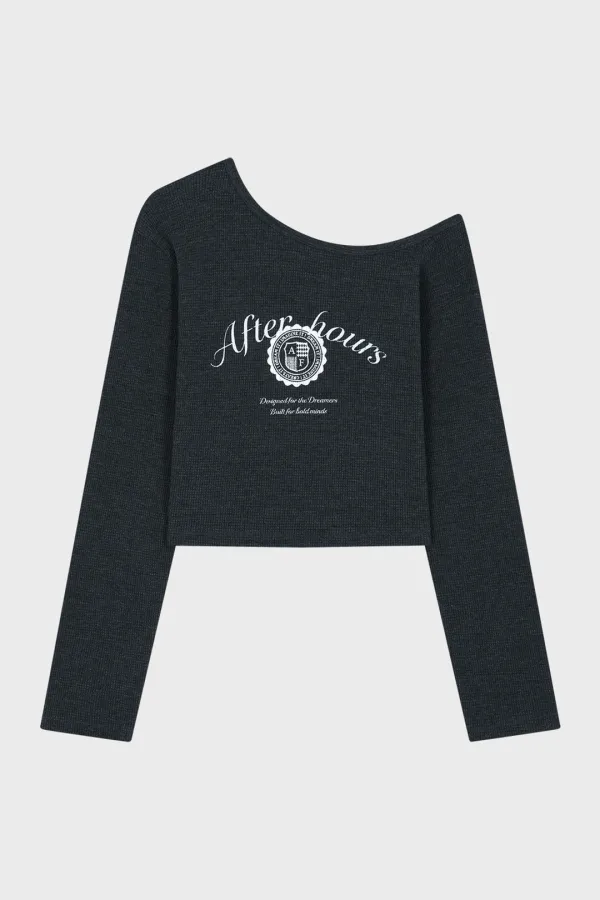 GRAPHIC ONE SHOULDER WAFFLE TOP (CHARCOAL)