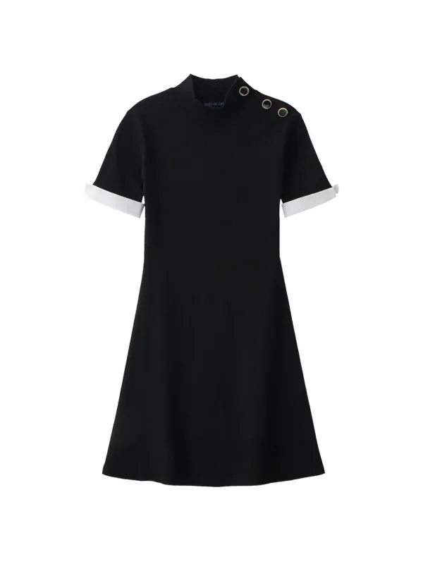 Button Point Short Sleeve Mini Dress_ Black