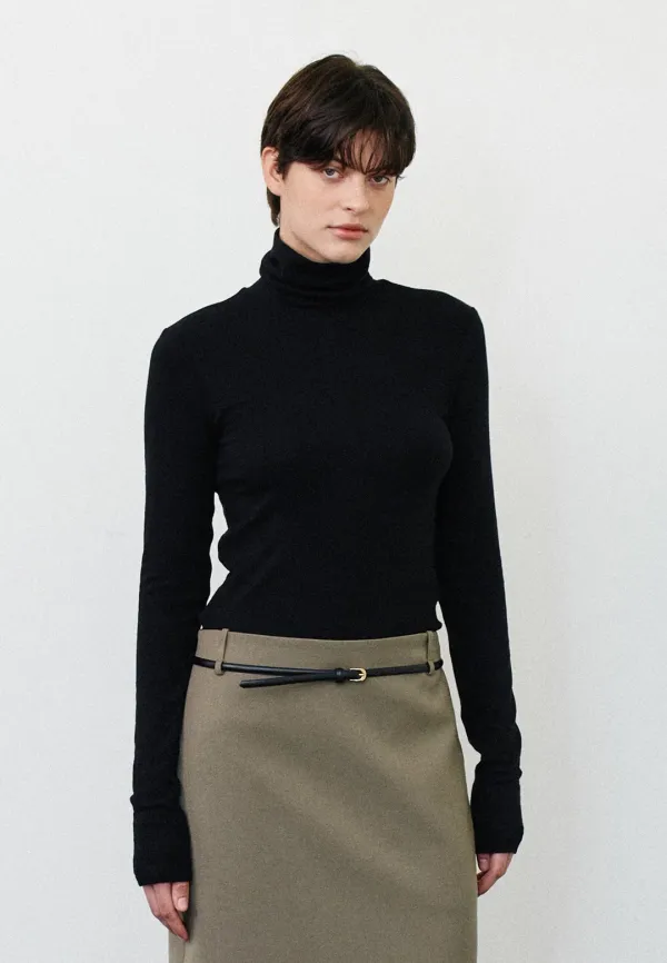 WOOL TENCEL TURTLE NECK T-SHIRTS - BLACK