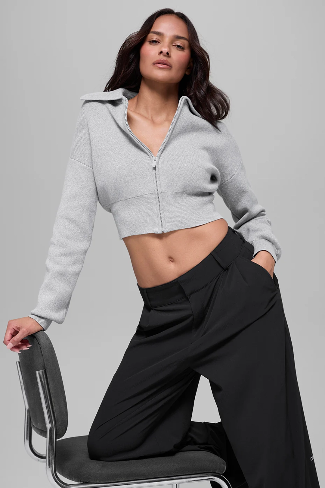 알로요가 Scholar Knit Cropped Full Zip Jacket - Athletic Heather Grey 상품 이미지 1