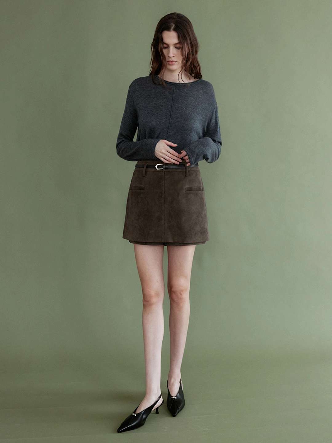 루에브르 Belted H-Line Mini Skirt (Faux Suede / Faux Leather) SL6XS141_3color 상품 이미지 2